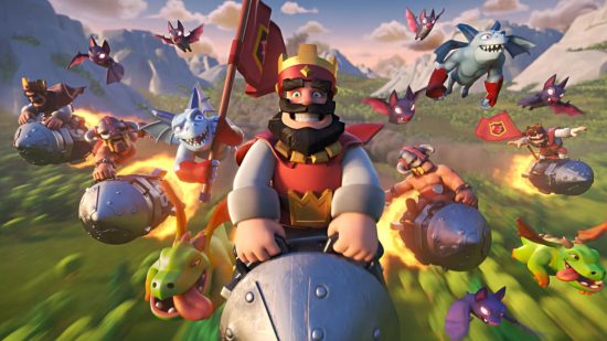 Screenshot of the king rocketing into battle for Clash Royale in free mobile games guide