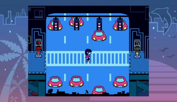 Games like Undertale - a character from Deltarune crosses a street with a blue and red color palette