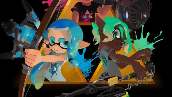 Games that give me gender euphoria: Key art from the TOTK Splatfest showing a blue-haired white inkling with a plait and a bow and a dark skinned green haired inkling with a different weapon