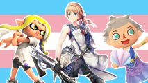 Games that give me gender euphoria: A yellow-haired white Splatoon Inkling, a grey-haired white ACPC villager in a mermaid outfit, and a Harvestella character all outlined in white and pasted on a background of the trans flag, a flag made of five horizontal stripes in the order blue, pink, white, pink, and blue.