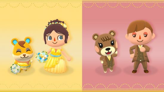 Games that give me gender euphoria: A graphic from the ACPC Twitter showing a yellow hapster and a villager wearing matching yellow dresses, and Maple the brown bear and a villager wearing matching brown suits.