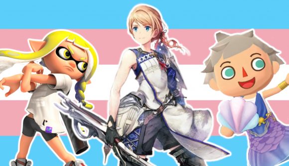 Games that give me gender euphoria: A yellow-haired white Splatoon Inkling, a grey-haired white ACPC villager in a mermaid outfit, and a Harvestella character all outlined in white and pasted on a background of the trans flag, a flag made of five horizontal stripes in the order blue, pink, white, pink, and blue.