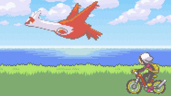Gen 3 Pokemon: a screenshot from Pokemon Ruby and Sapphire shows a trainer riding a bike alongside Latios