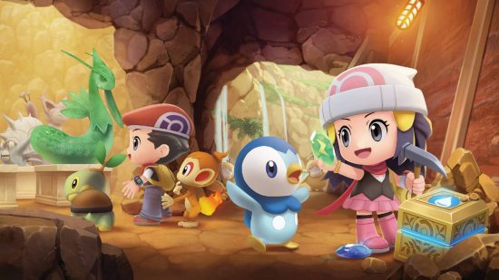 Gen 4 Pokemon: Key art for Pokemon Brilliant Diamond and Shining Pearl shows a female Pokemon trainer digging for gems underground, she is lifting a green jewel to show to Piplup, the small penguin Pokemon