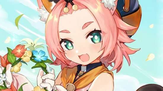 Genshin Impact Diona birthday art showing her smiling and holding up a flower crown