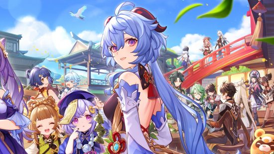 Genshin Impact news: Ganyu as the main subject in a group shot of all the playable characters from Liyue. You can see Qiqi and Yaoyao in the foreground as well as Zhongli, Baizhu, and Beidou in the background.