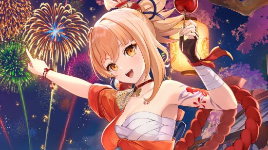 Genshin Impact's Yoimiya smiling and pointing at fireworks at an Inazuma summer festival. She is holding a caramel apple that is slightly out of frame.