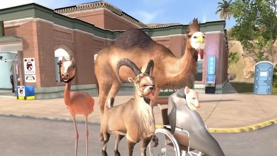 Goat Simulator Payday collaboration header showing four animals outside a red-brick building standing in the road. They are all wearing masks. One is a dolphin in a wheelchair wearing a pig mask. One is a ram with big horns wearing a dog's mask. One is a camel wearing a panda mask. The last is a flamingo wearing a horse mask.