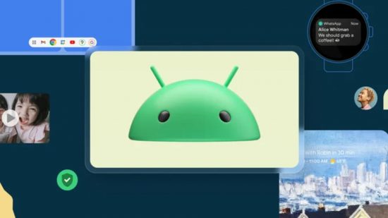 Google Android features header showing the Android logo -- a green dome with pointy ears and two black eyes -- in a collage of other tech-type things, with peole ona video call, texts on a watch, and some other gubbins.