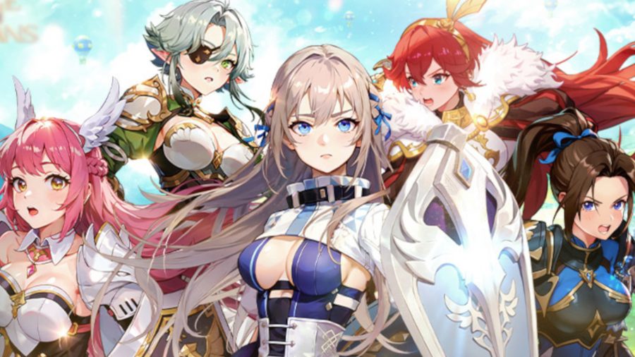 Grand Cross Age of Titans: An image of five anime women in fantasy outfits posing for battle