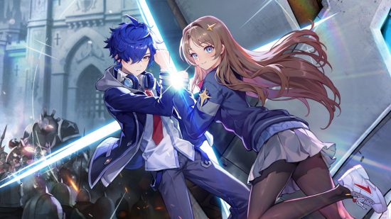 Grand Cross Age of Titans release date: Mio and Eujin posing in the key art for the game