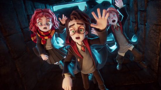 Screenshot of Harry, Ron, and Hermione falling into a trap for Harry Potter Magic Awakened decks guide
