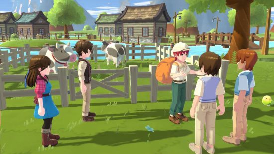 Harvest Moon: The Winds of Anthos physical: several character stand in a farm yard, surrounding a cute bunch of cows in a pen