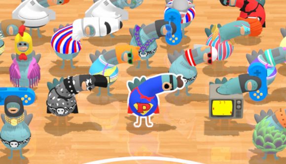 Headbangers Rhythm Royale release date: A range of 3D rendered pigeons in weird outfits bending their long necks sideways in a sports hall