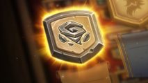 Hearthstone Twist: A close-up of the new game mode icon for Twist, showing a grey twister/tornado on a shield-shaped button