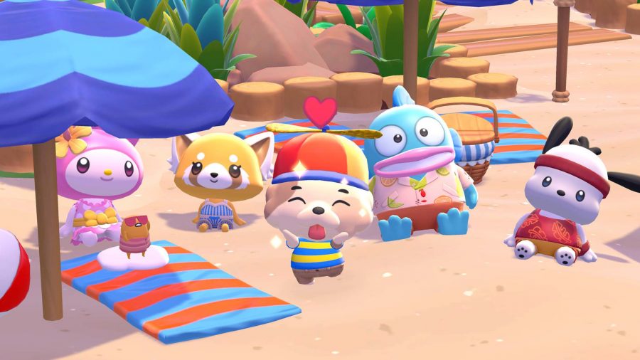 Hello Kitty Island Adventure hero image showing various Sanrio characters and an original dog character hanging out on the beach