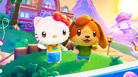 Hello Kitty Island Adventure release date: Hello Kitty and an original brown dog character standing next to each other and waving in front of a house and a volcano.