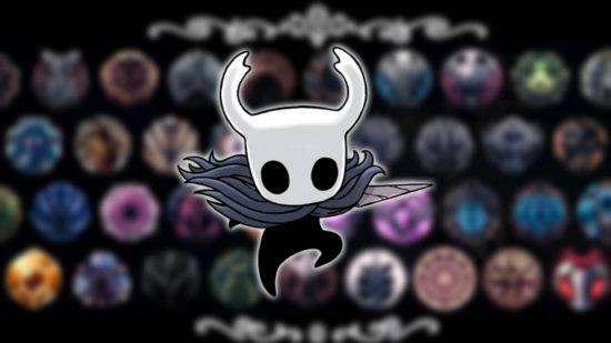 Hollow Knight charms: the Knight from Holow Knight appears in front of a blurred collection of Hollow Knight charms