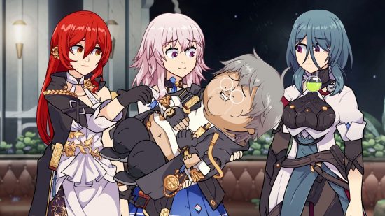 A screenshot from the weird Honkai Star Rail ad The Fate of All Weebs by Flashgitz showing March 7th holding the Trailblazer as Himeko and Natasha stand around him