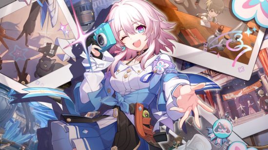 Honkai Star Rail check-in: March 7th winking and reaching her hand out while holding a camera in front of a bunch of photos