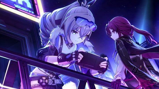 Honkai Star Rail codes - Silver Wolf playing on a game console and Kafka watching her against a night sky
