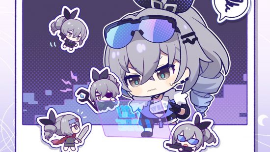 Chibi version of Honkai Star Rail's Silver Wolf and her friends trying to solve a problem in a hologram screen