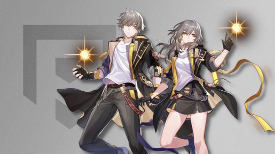 Honkai Star Rail's Trailblazers Caelus and Stelle pasted on a greyscale PT background with a slight drop shadow
