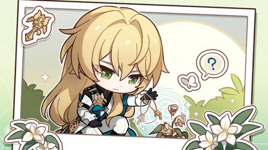 Honkai Star Rail Twitch: A chibi of Luocha swinging his pendant over some plants with a serious expression