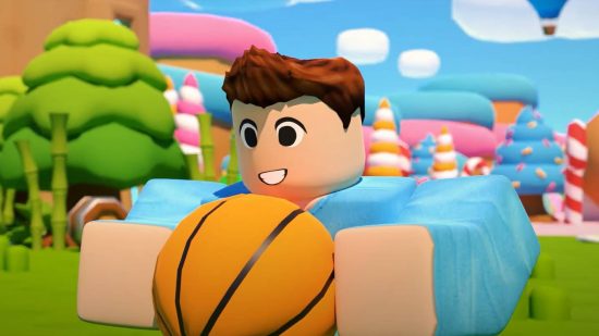 Hoops Simulator codes: a Roblox screenshot shows an avatar holding a basketball