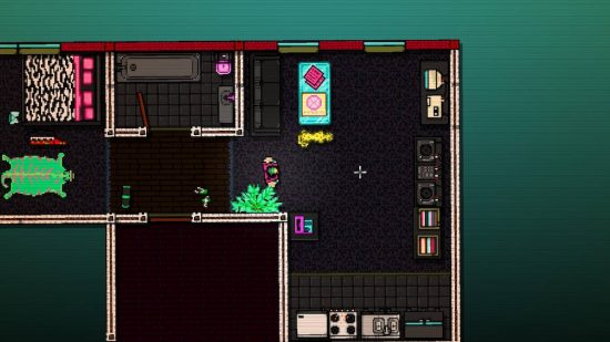 Hotline Miami Biker: A top-down view shows a scerenshot of the game Hotline Miami featuring the biker