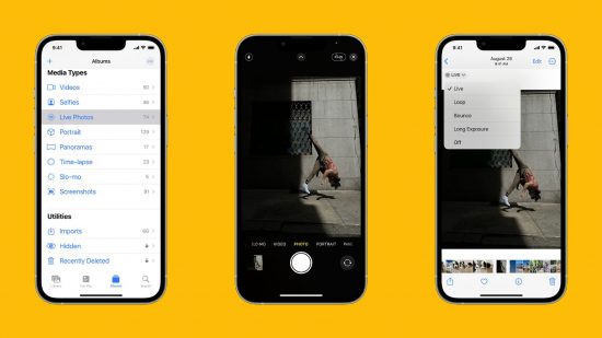How to turn off Live Photos - three iPhones with things on the screen, in a row on a mango yellow background. On the left, white with menu options, in the middle, a person doing a flip, on the right, someone editing that photo with menu options overlayed.