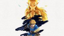 Illumination Zelda movie - art from Breath of the Wild showing Link, a blonde boy in a blue tunic running at the bottom of the frame, with Zelda, a long-haired blonde elf woman with her hands clasped as if in prayer, standing over him massive.