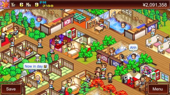 Screenshot of Hot Spring Story busy with customers for for Kairosoft history feature