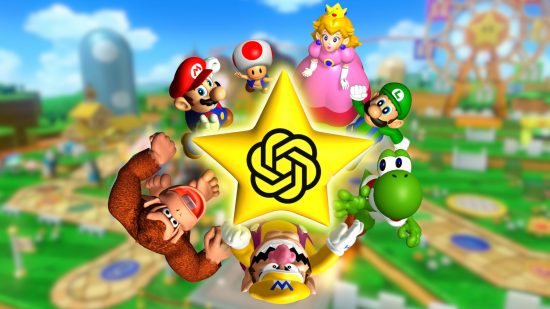 Custom image for news on AI Mario Party minigames with Mario characters gathered around a star with the ChatGPT logo on it