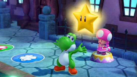 Screenshot of Yoshi picking up a star in Mario Party for Mario Party minigames AI news