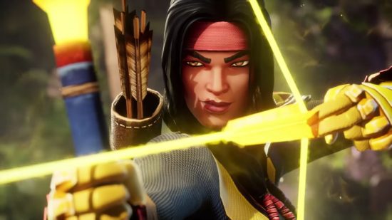 Marvel Contest of Champions Strike Fear trailer showing Dani Moonstar, a woman in a hooded robe that looks a bit like Robin Hood, arrows on her back and bow made of yellow light stretched taught in her two hands.