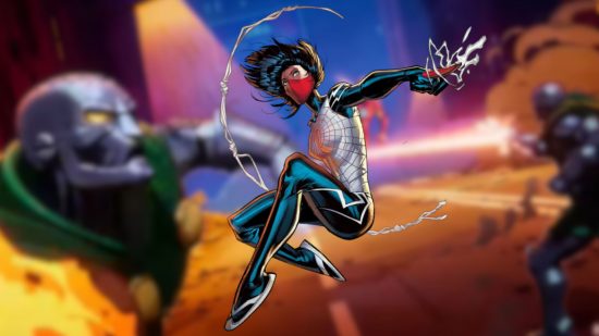 Custom image of Marvel Snap's Silk swinging into a battle with other heroes