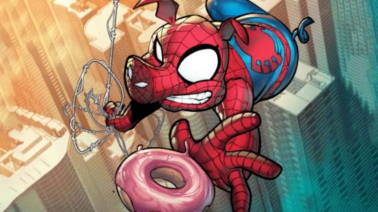 Screenshot of the Marvel Snap Spider-Ham art with the pig swinging towards a donut