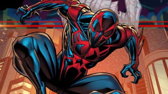 Key art for Marvel Snap's Spider-Man 2099 with the future hero zipping into action