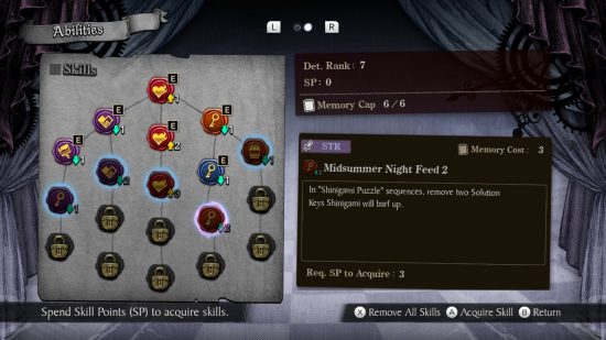 Master Detective Archives Rain Code review - a screenshot of the abilities page showing the skill tree