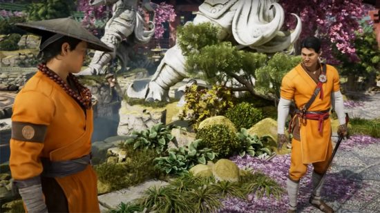Mortal Kombat 1 characters Kenshi ready to fight Raiden in a garden