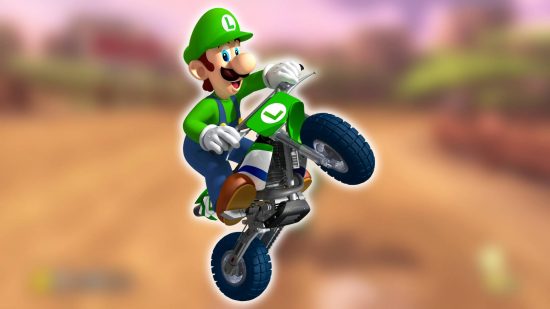 Motorbike games: Luigi appears on a motorbike, jumping into the air