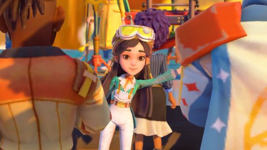 Screenshot of a girl in sand goggles waving for My Time at Sandrock Switch release date news