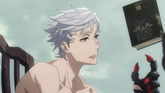 Nier Automata anime: A character with short white hair and no shirt on and a robot hand throwing a black book in the air