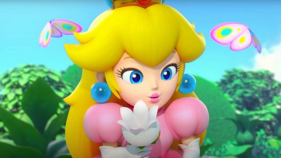 Nintendo Direct June 2023 header showing Princess Peach in cartoon almost play dough form -- she's a blonde-haired woman in front of a load of leaves and butterflies and a blue sky holding a white flower wearing a pink dress and crown.