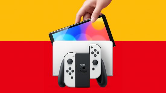 Nintendo Switch 2 - the Nintendo Switch OLED model being undocked, with the white Joy-Con in the pad in front of the dock.