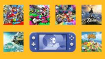 Nintendo Switch with games - six games are shown near a Switch Lite.