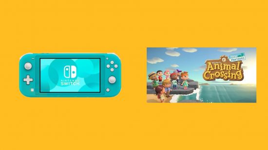 Nintendo Switch with games, specifically, a Switch Lite with Animal Crossing: New Horizons.