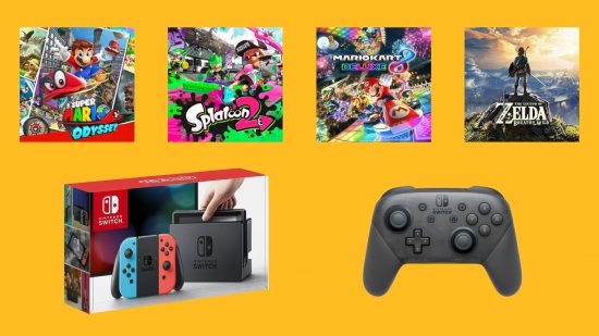 Nintendo Switch with games and a controller, specifically, the Must-Play bundle.