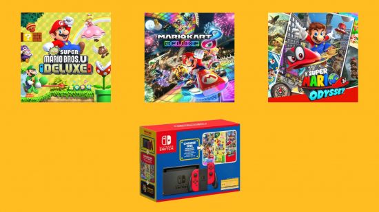Nintendo Switch with games, specifically a selection of three Mario games: New Super Mario Bros. U Deluxe, Mario Kart 8 Deluxe and Super Mario Odyssey.